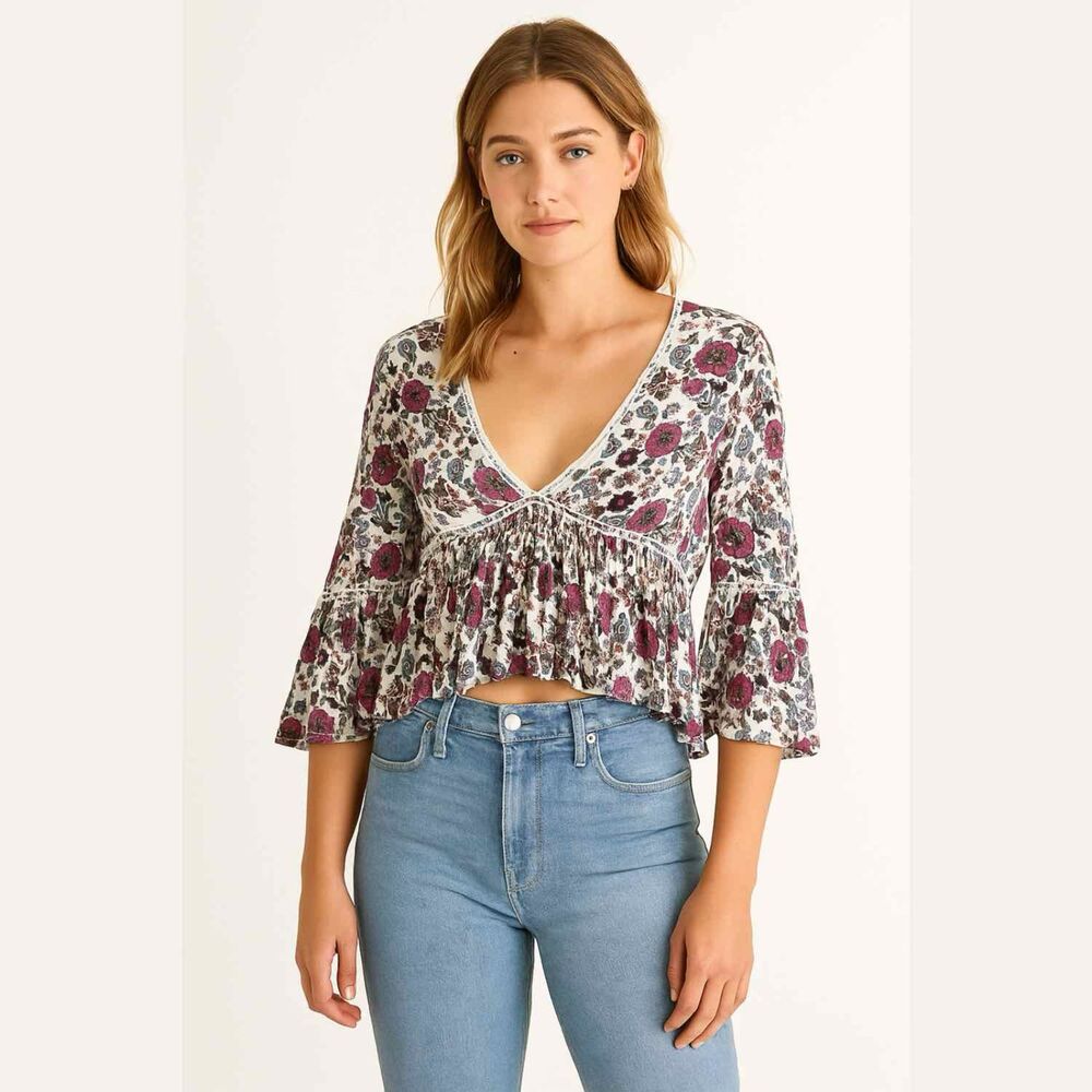 NWT Anthropologie Raga Floral Lace Trim Peplum Open Back V Neck Babydoll Blouse